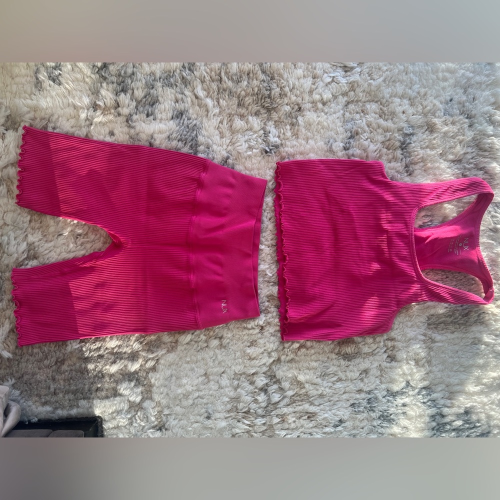 Like new bubble gum NUX workout set (biker shorts + tank with built in bra)